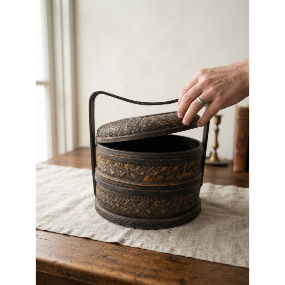 Vintage Chinese Multi-Tier Wedding Basket Hand-Woven Bamboo & Rattan Basket